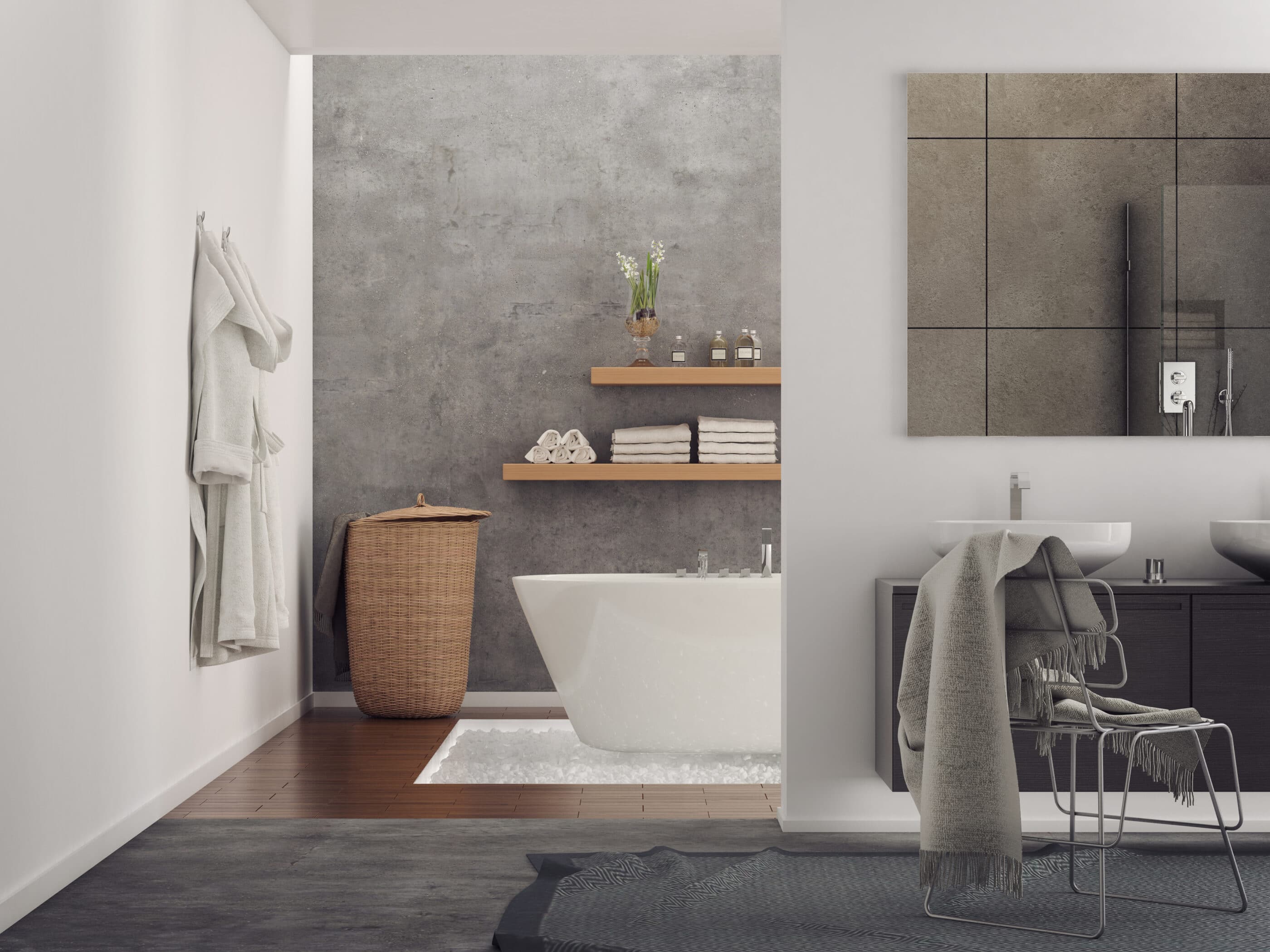 A minimalist bathroom with whites and greys