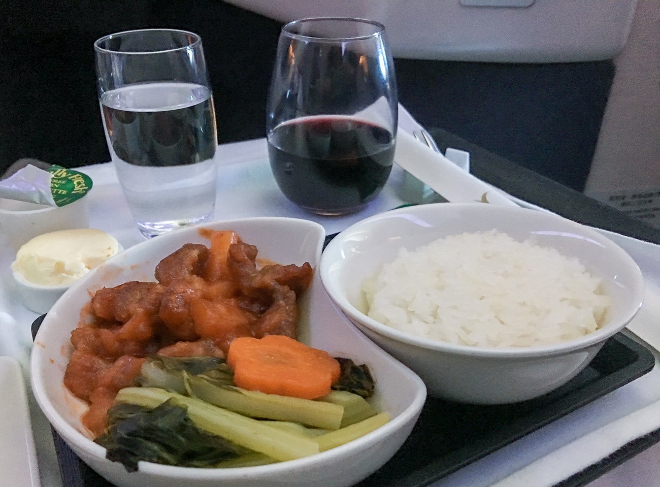 Cathay Pacific business class main course of sweet and sour pork