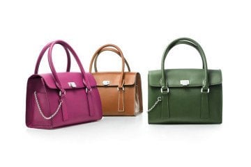 Tiffany Margo satchels in vachetta leather (from left): orchid, cognac, bright moss. $1,250, $1,250, $1,250