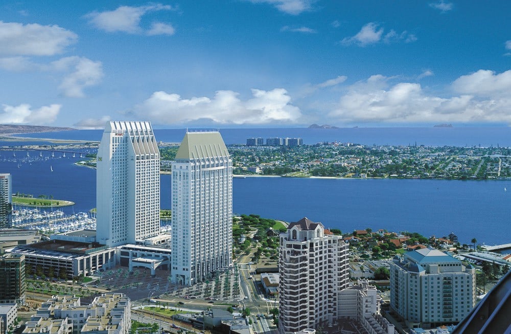 An aerial view of Manchester Grand Hyatt, a downtown San Diego hotel located on the bay and near the convention center.