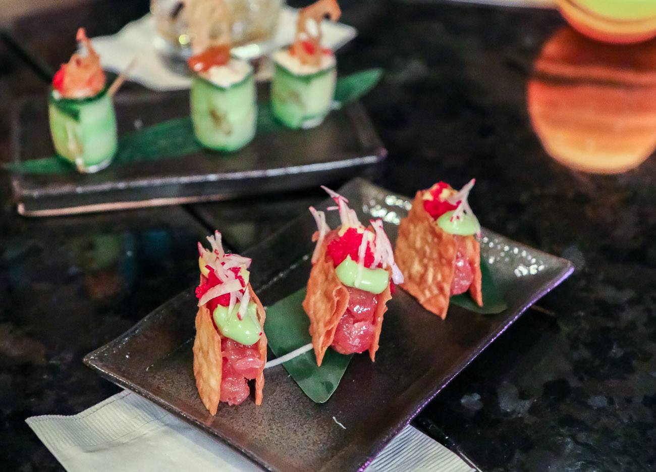Tuna tartare bites and Jonah crab roll at Mandarin Oriental, New York