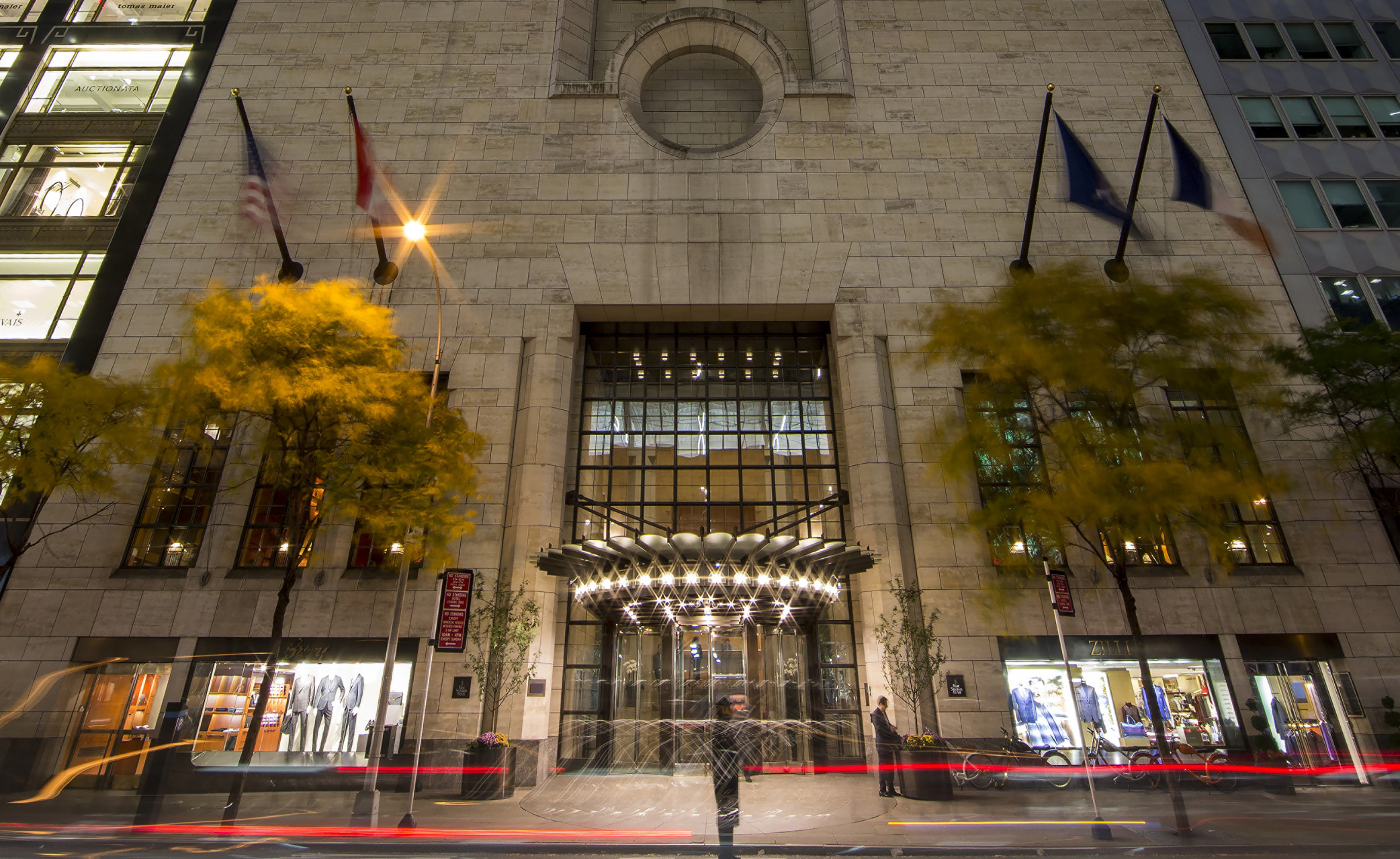 Evening view of the front entrance to Four Seasons New York.