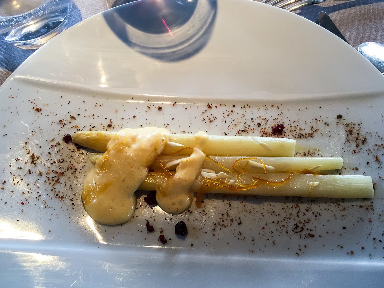 Asparagus starter course at Le Jules Verne restaurant in the Eiffel Tower
