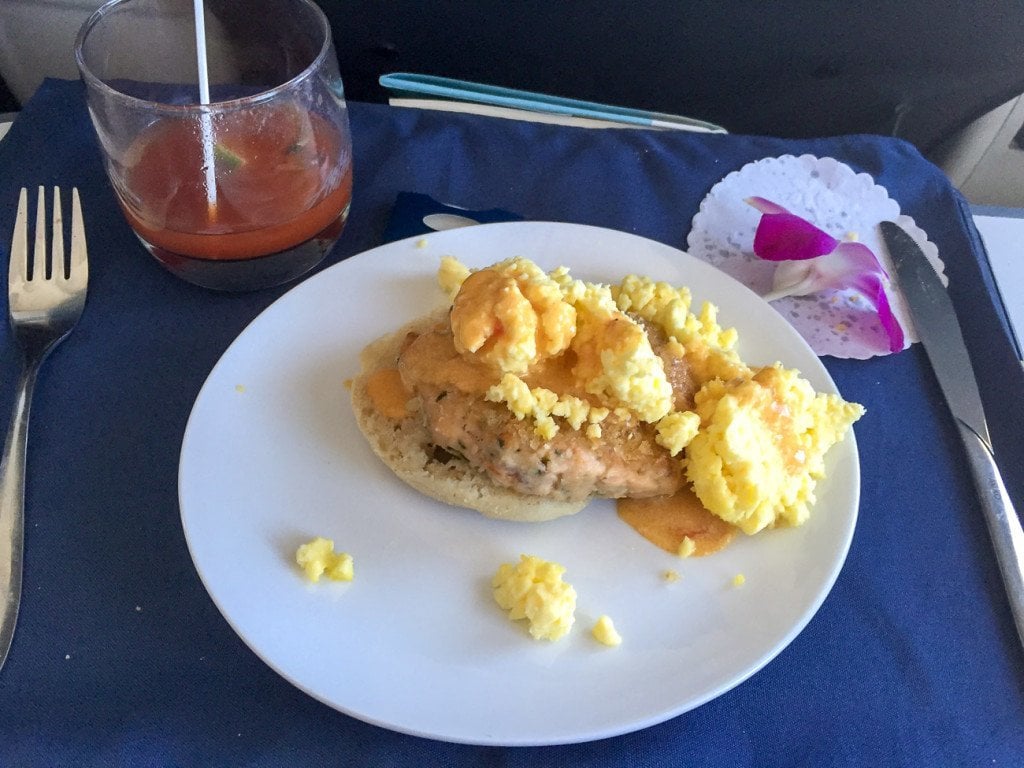 A salmon Benedict for breakfast on Alaska Airlines to Maui from San Diego in first class.