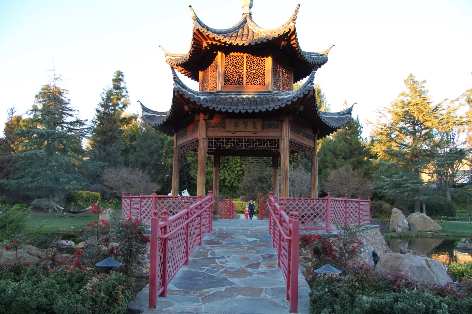 My daughter and her spa therapist stand in the pagoda at Four Seasons Westlake Village.
