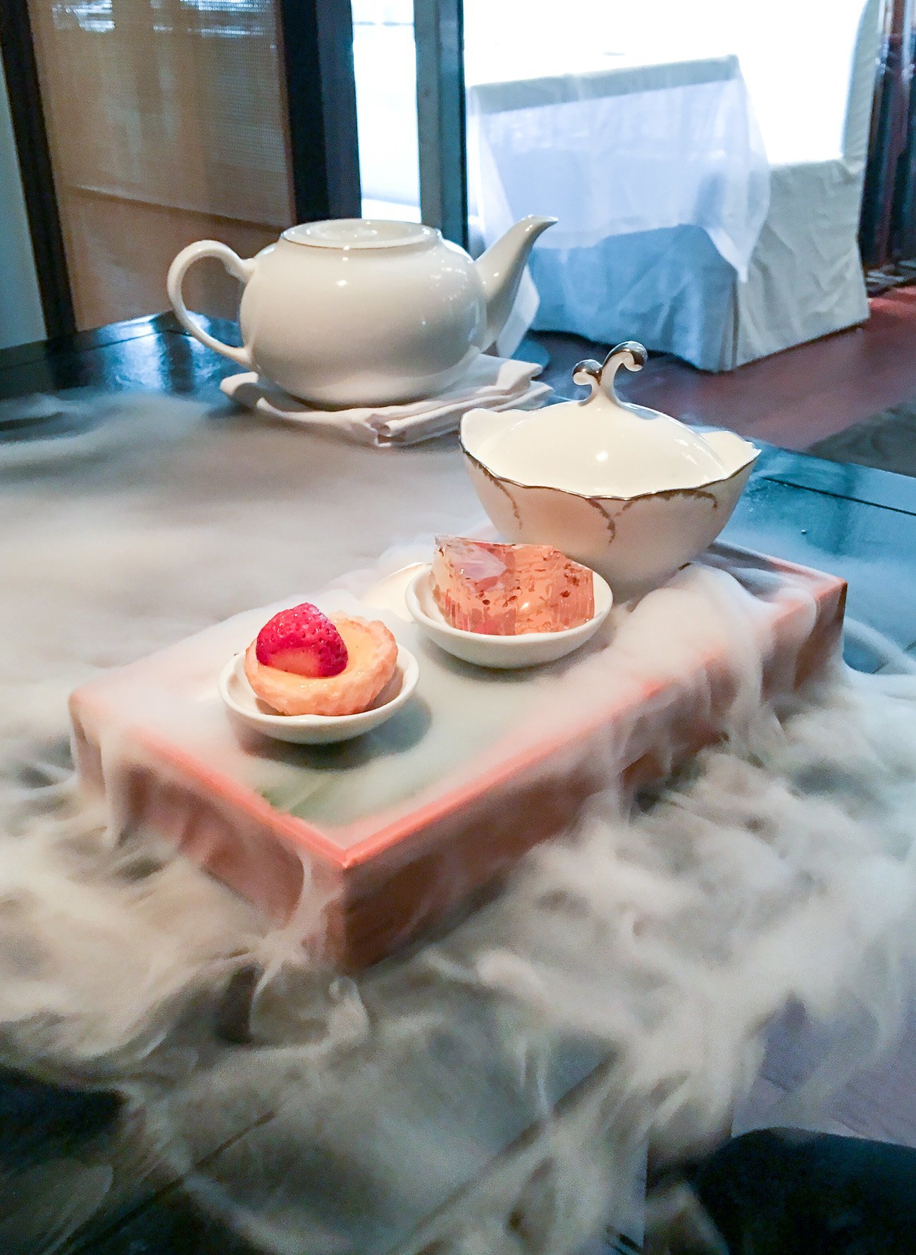 The Cantonese trio of desserts called Sweet Wonderland dessert at Mandarin Oriental, Taipei served with dry ice.