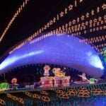 Christmas lights in Medellin over the river.