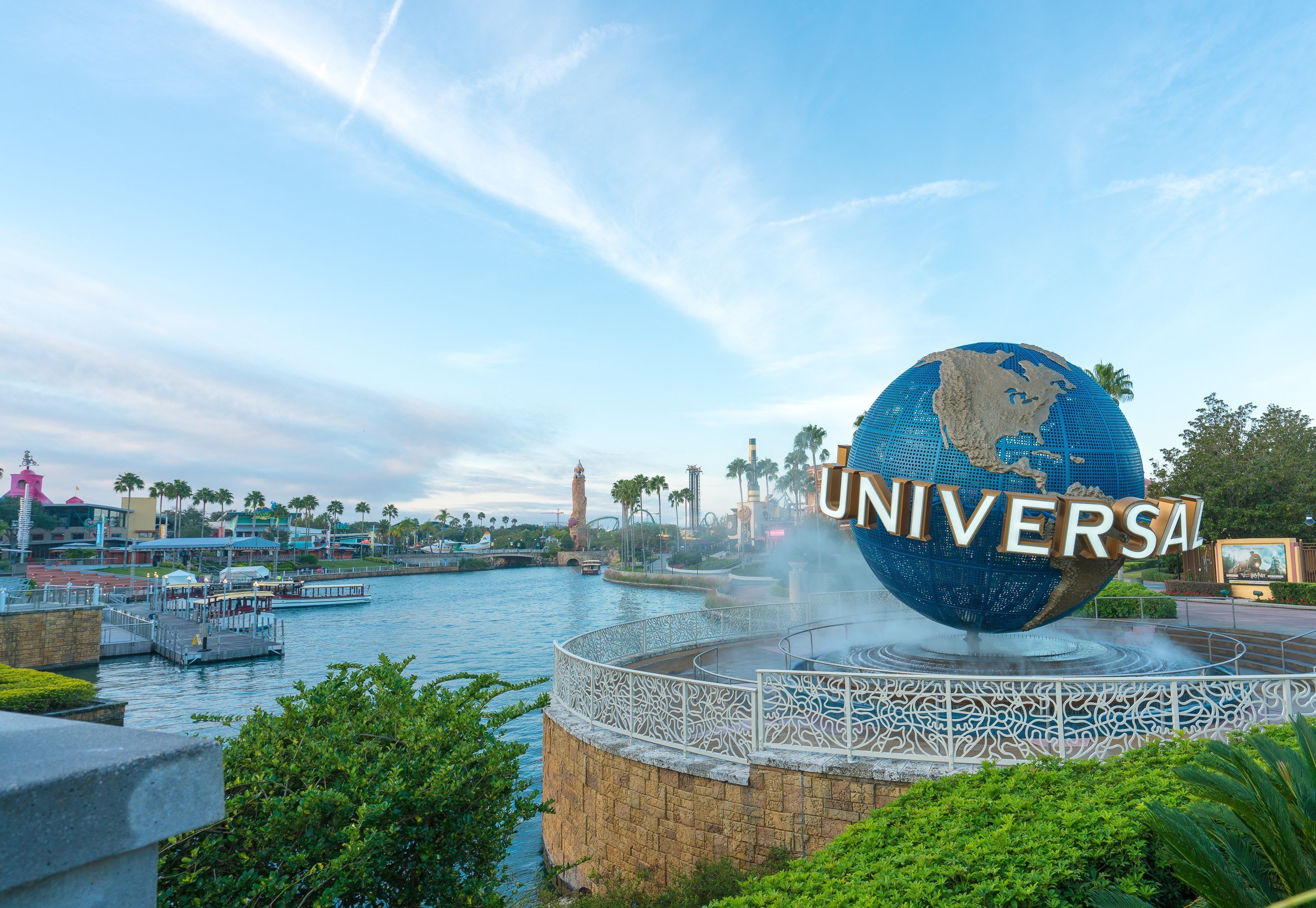 The spinning Universal globe in front of Universal Studios Florida, one of the best things to do in Orlando with kids.