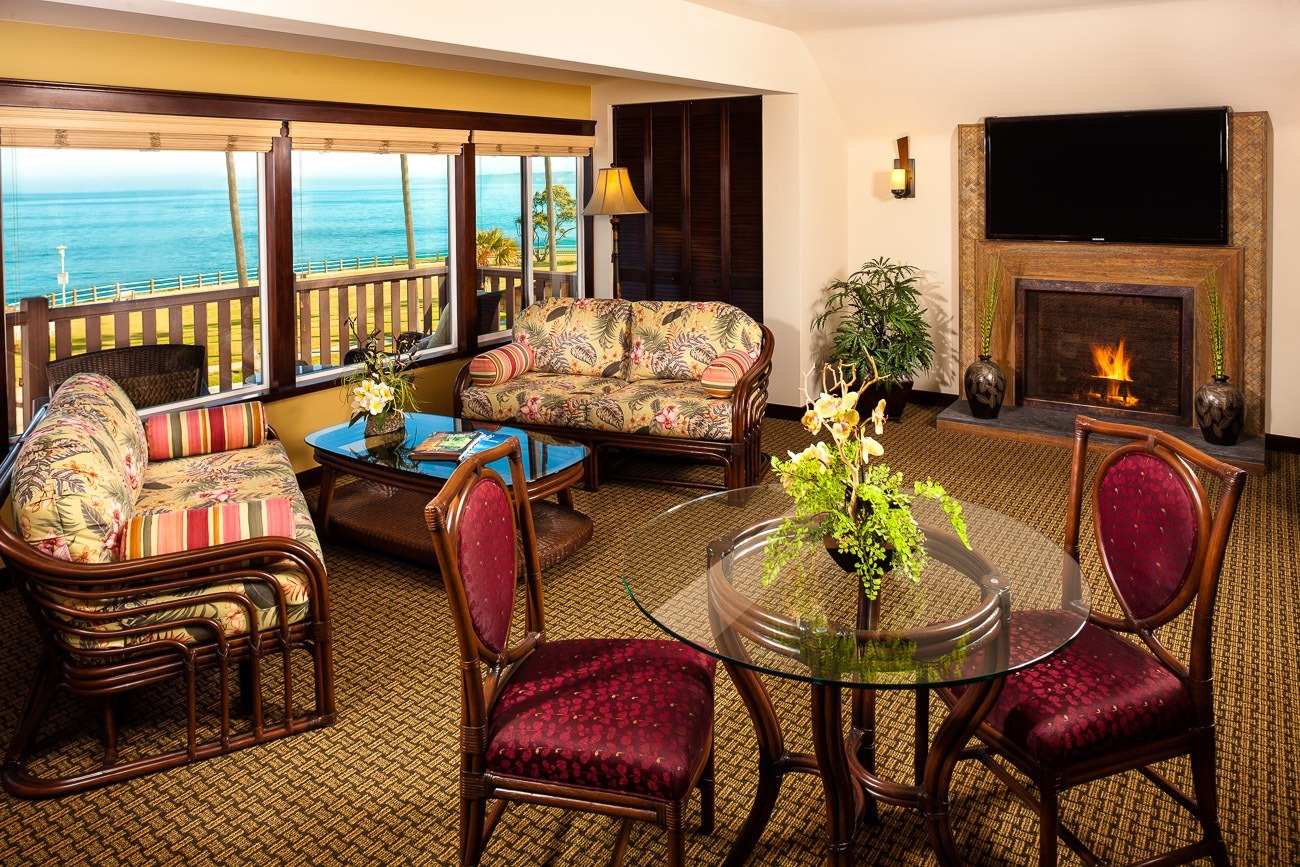 An ocean view living room at the Balinese-inspired Pantai Inn in La Jolla.