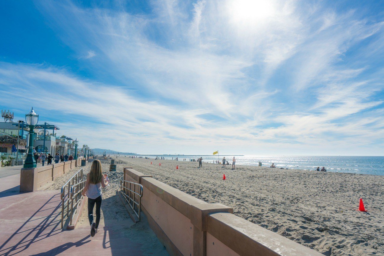 The Mission Beach Boardwalk in front of Belmont Park in San Diego.