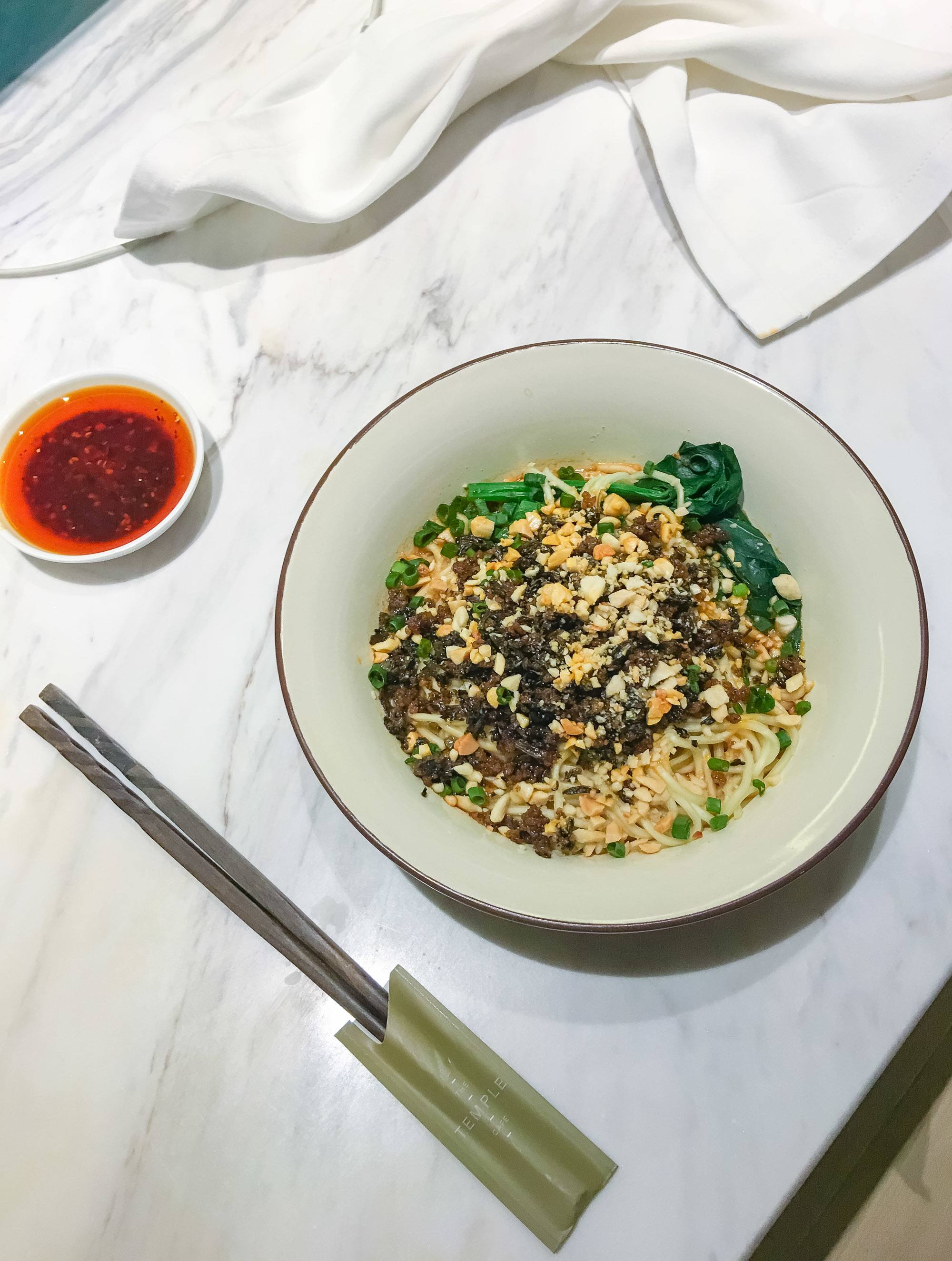 Dan dan noodles from in-room dining at The Temple House, a luxury hotel in Chengdu.