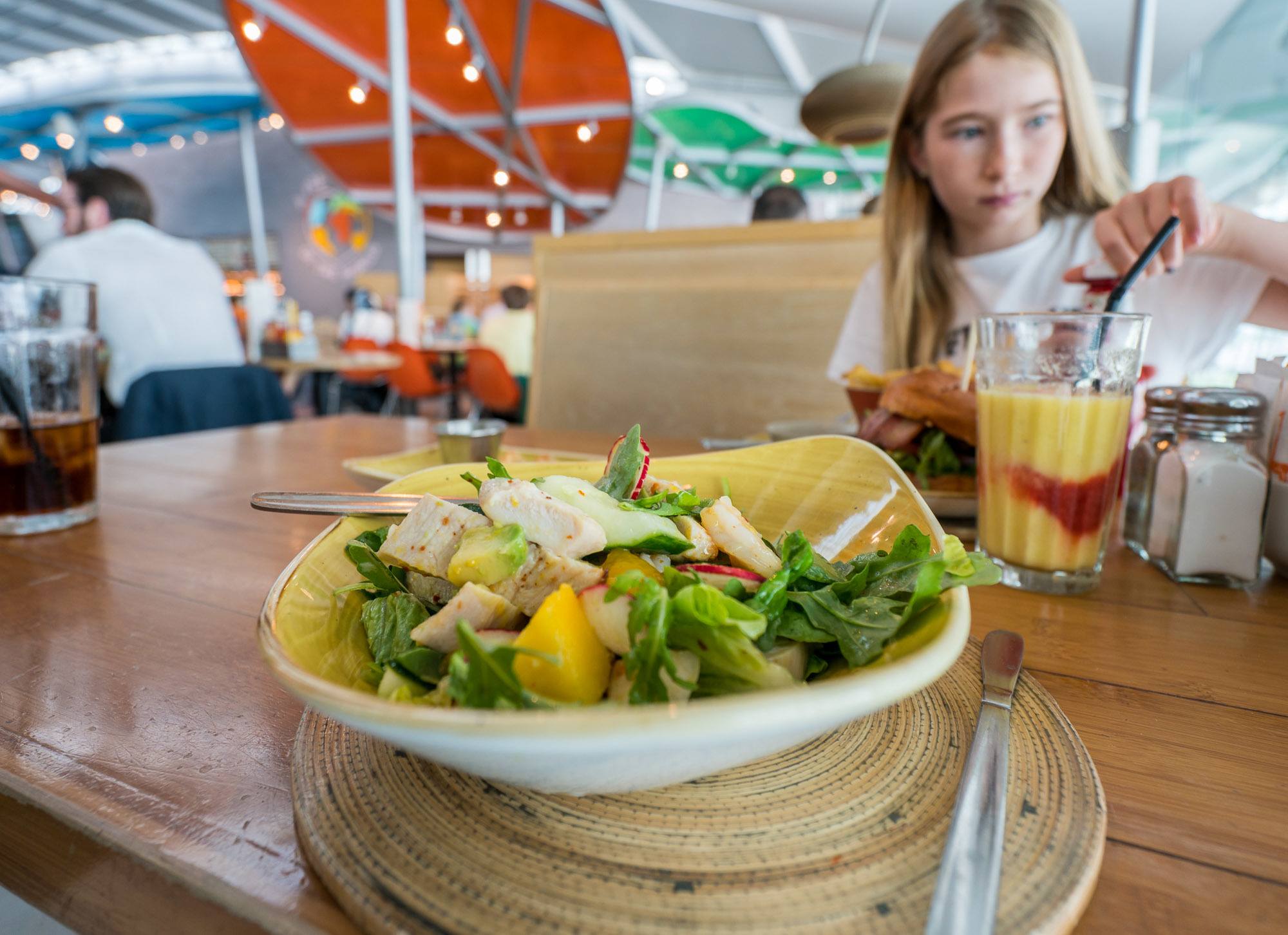 Chicken, Prawn and Mango salad at Giraffe restaurant in Heathrow Airport.
