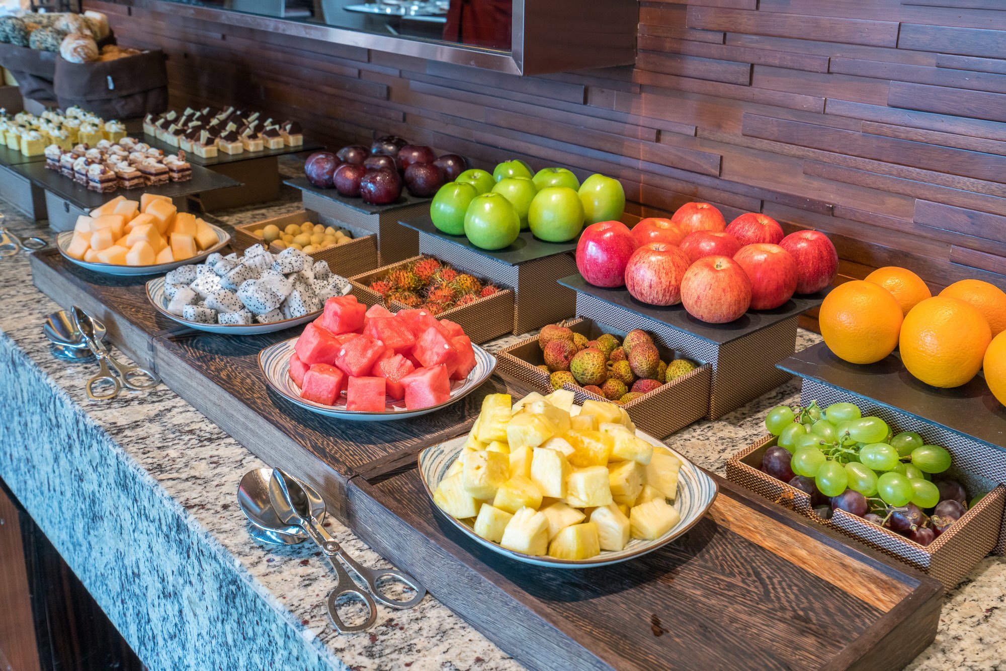 A lovely buffet of fruit was part of daily breakfast at the Mandarin Oriental Pudong, Shanghai Club Lounge.