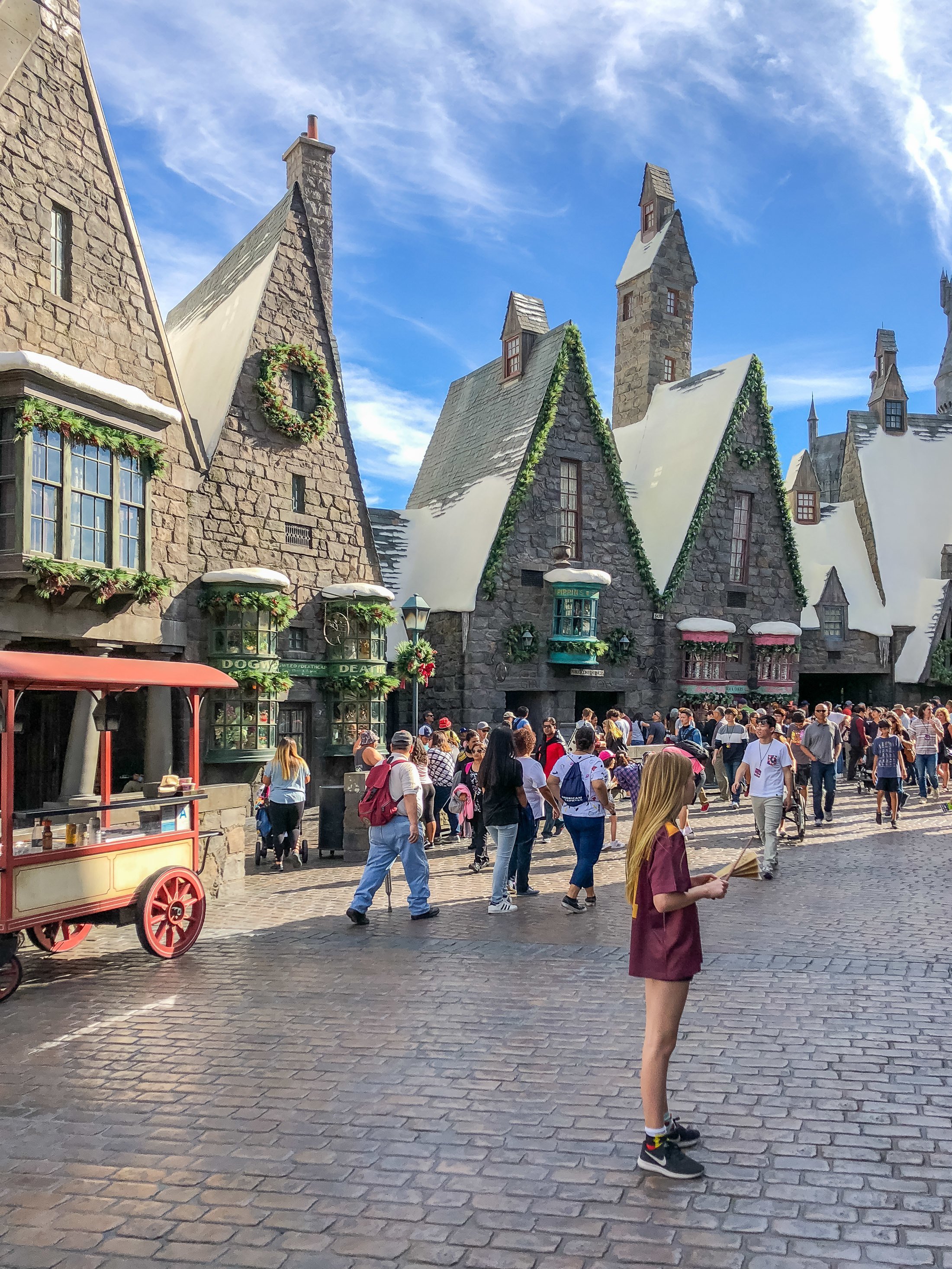 My daughter holds her Harry Potter wand in Hogsmeade at Universal Studios Hollywood.