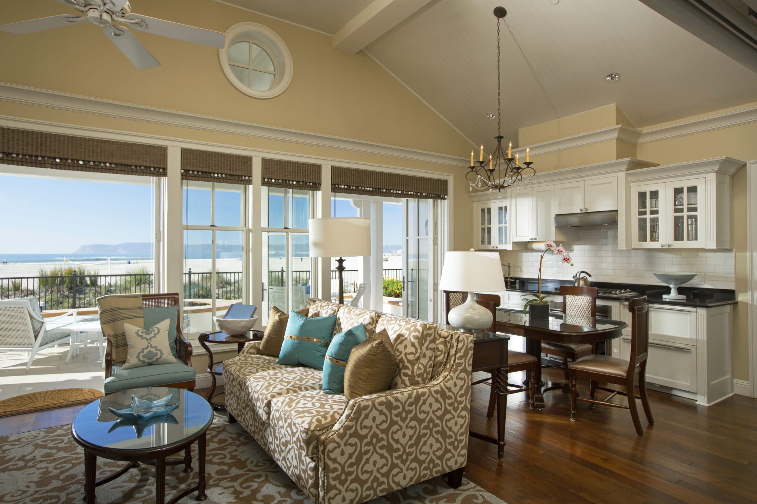 Living room and kitchen interior at Beach Village at The Del.