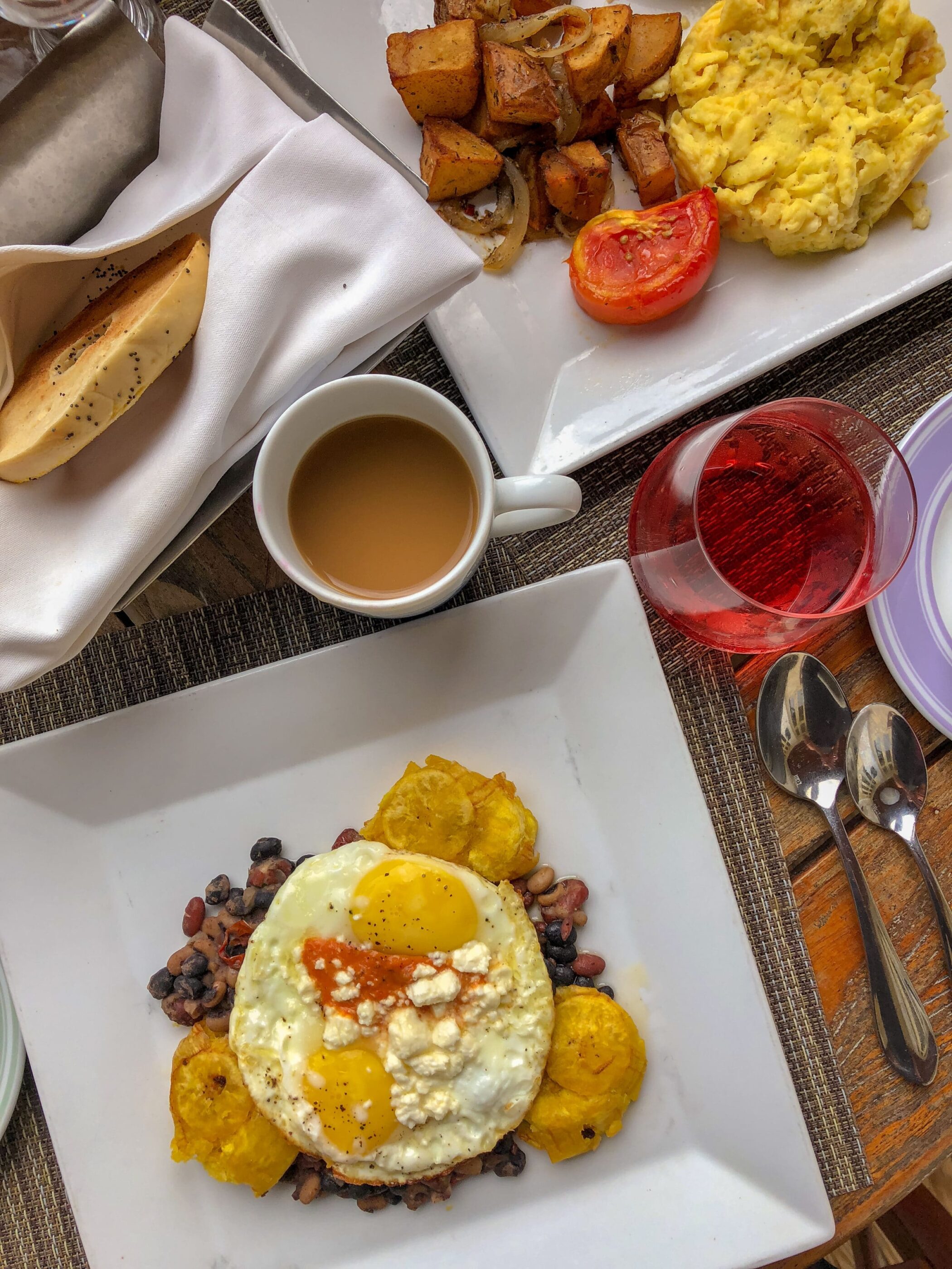 San Juan Sunrise (fried Plantain, Beans, Queso Fresco, Sunny Side up Eggs) at Four Seasons Nevis