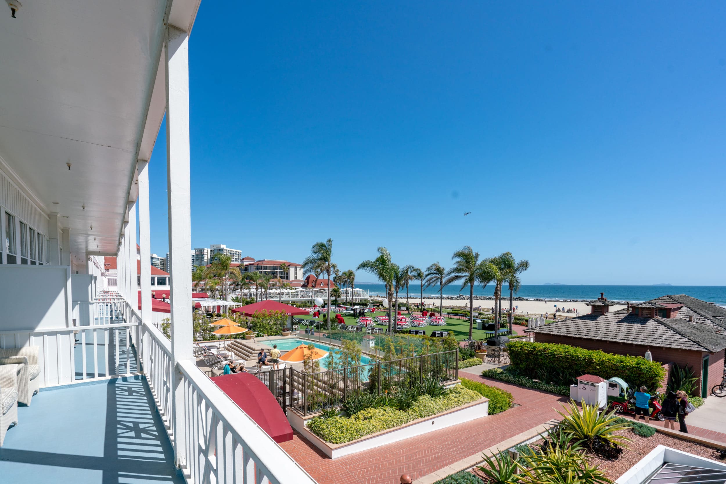 Hotel del Coronado rooms: Ocean View Victorian Studio Suite view looking over the spa pool and Windsor Lawn.