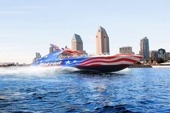 Patriot Jet Boat in the water on San Diego Bay.