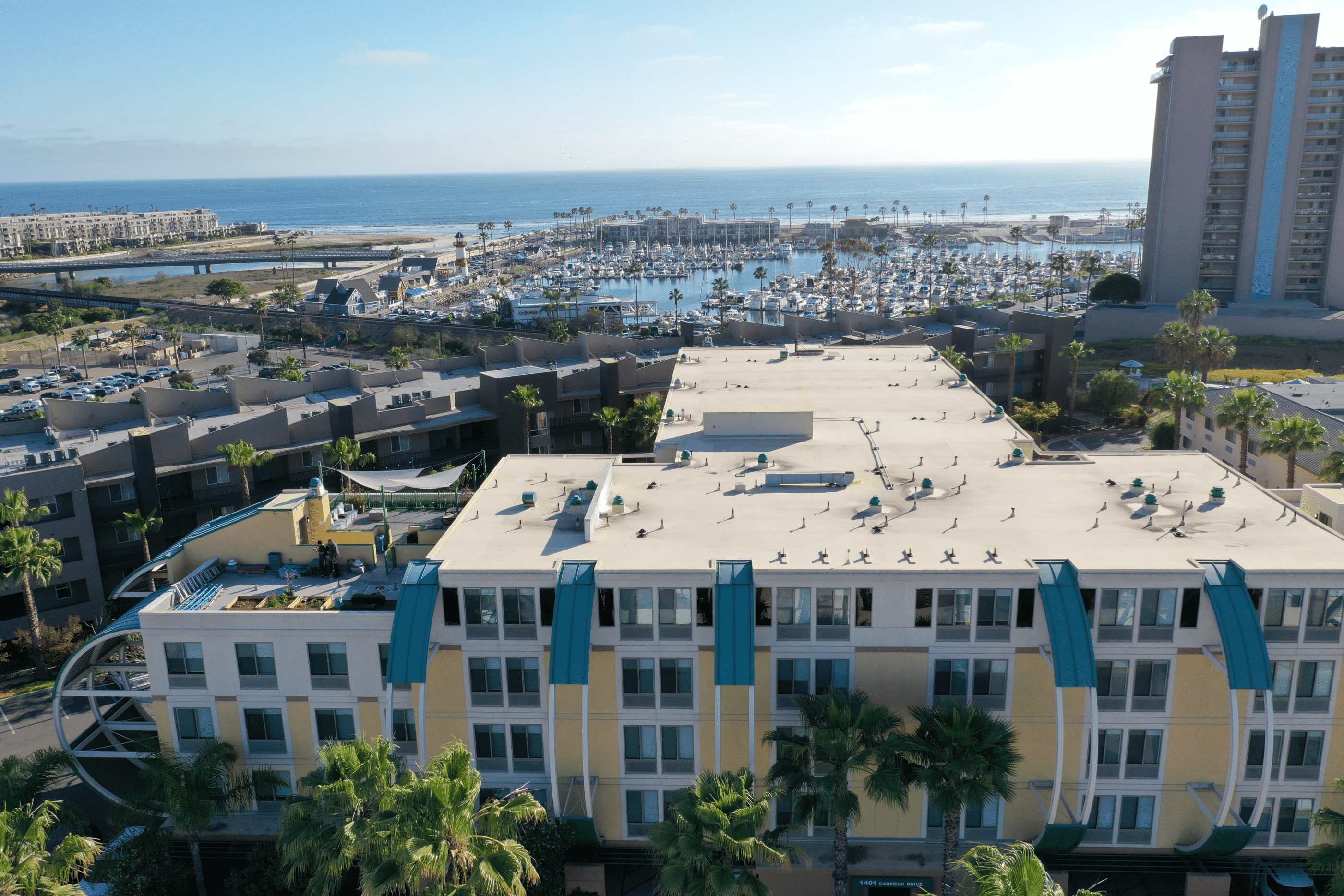 Drone photo of the marina over Holiday Inn Oceanside Marina