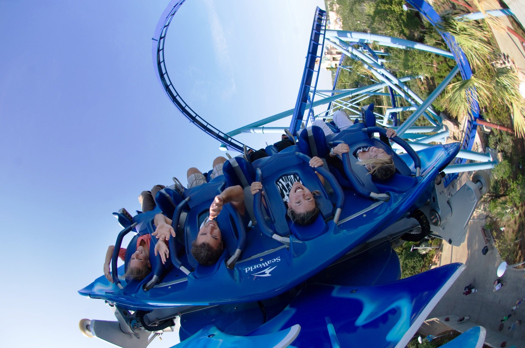 Guests ride Manta roller coaster at SeaWorld Orlando.