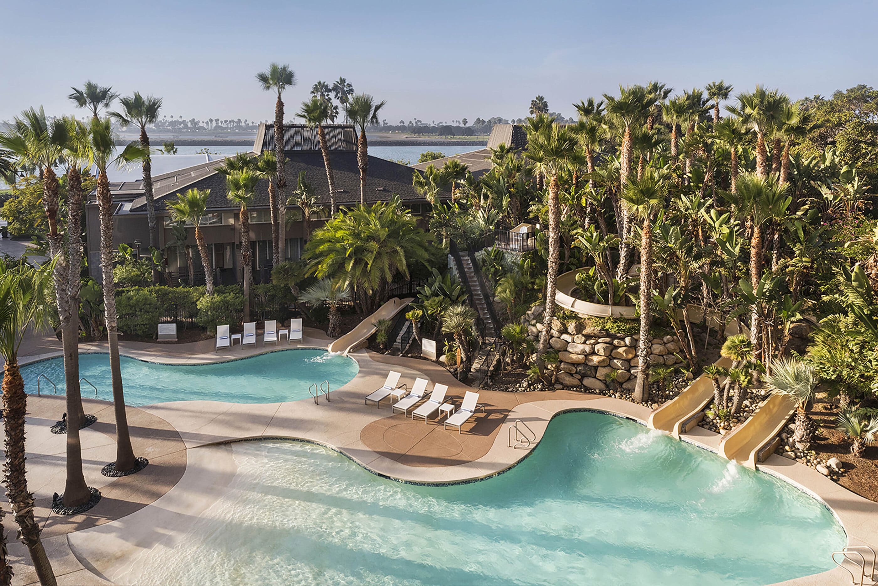 Two of the three pools and three water slides at Hyatt Regency Mission Bay Spa and Marina, a top San Diego resort.