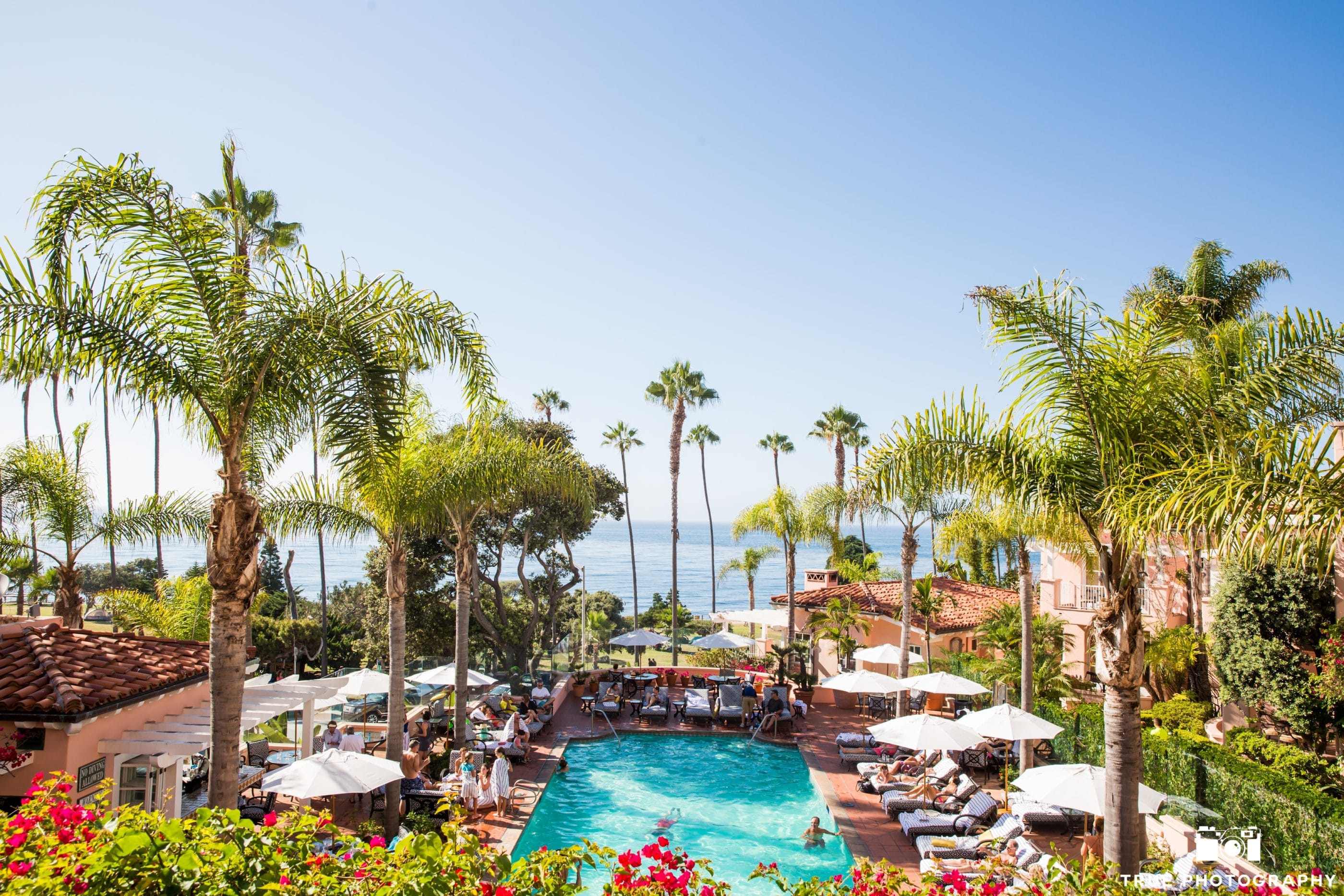 The outdoor pool at La Valencia Hotel overlooking the Pacific Ocean.