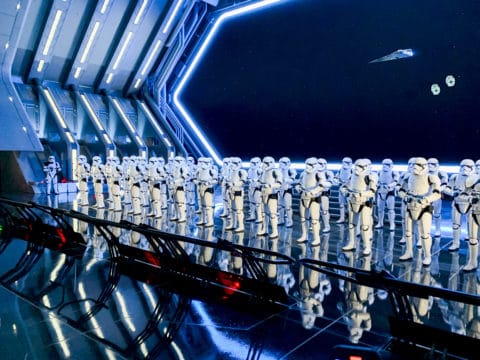 Stormtroopers lined up during Rise of the Resistance, the most popular Star Wars Disneyland ride.
