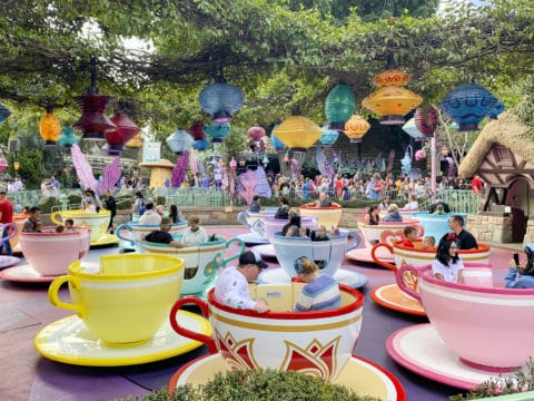 Guests spin in the teacups on the Mad Tea Party ride at Disneyland