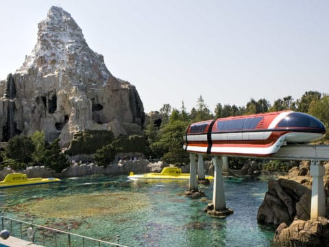 Monorail heads away from the Matterhorn Mountain at Disneyland
