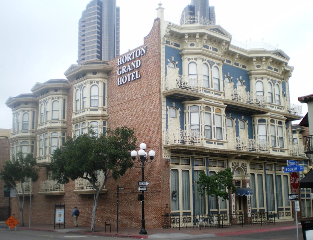 Victorian exterior of Horton Grand Hotel, one of the haunted hotels in San Diego.