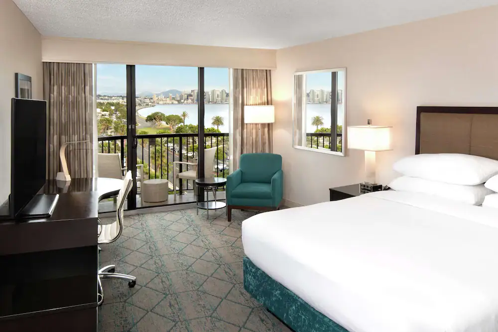 San Diego Bay view from a king room at Hilton San Diego Airport.