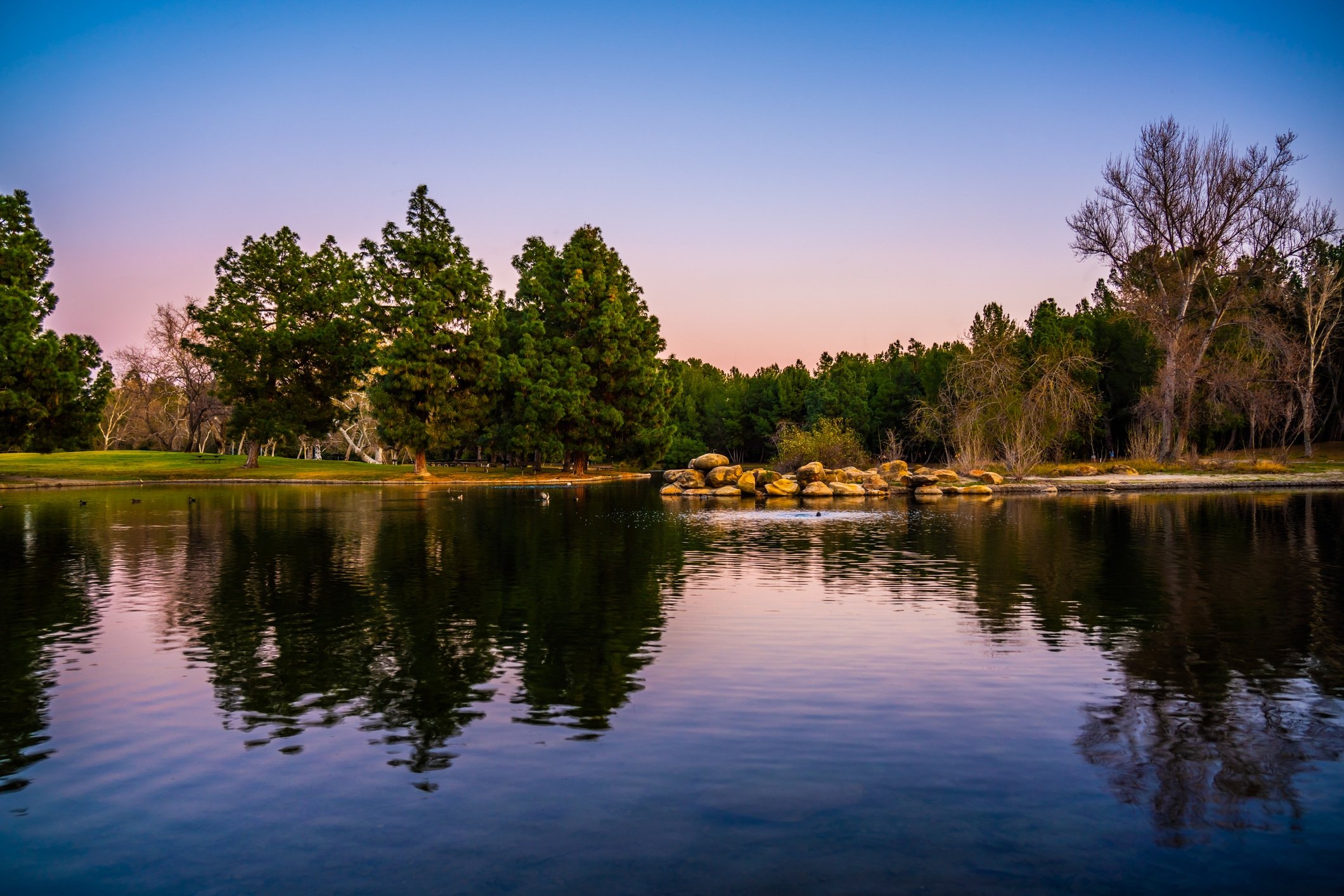 View over the lake at Yorba Regional Park in Anaheim at dusk.