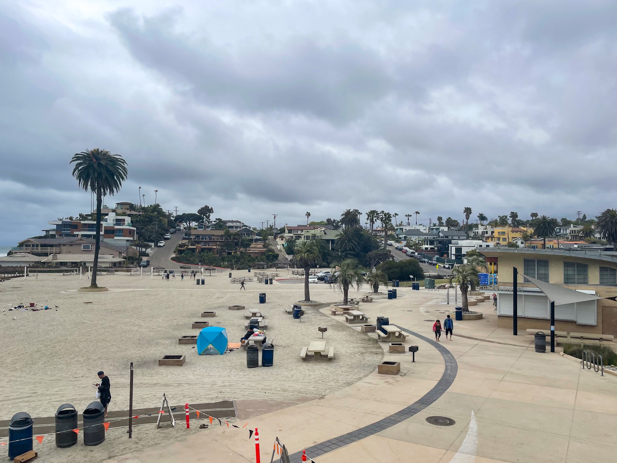Fire rings and picnic tables at Moonlight Beach.