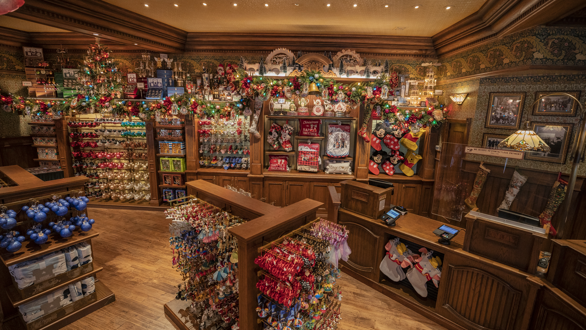 Christmas ornaments on display inside Plaza Point, Disneyland's new holiday store.