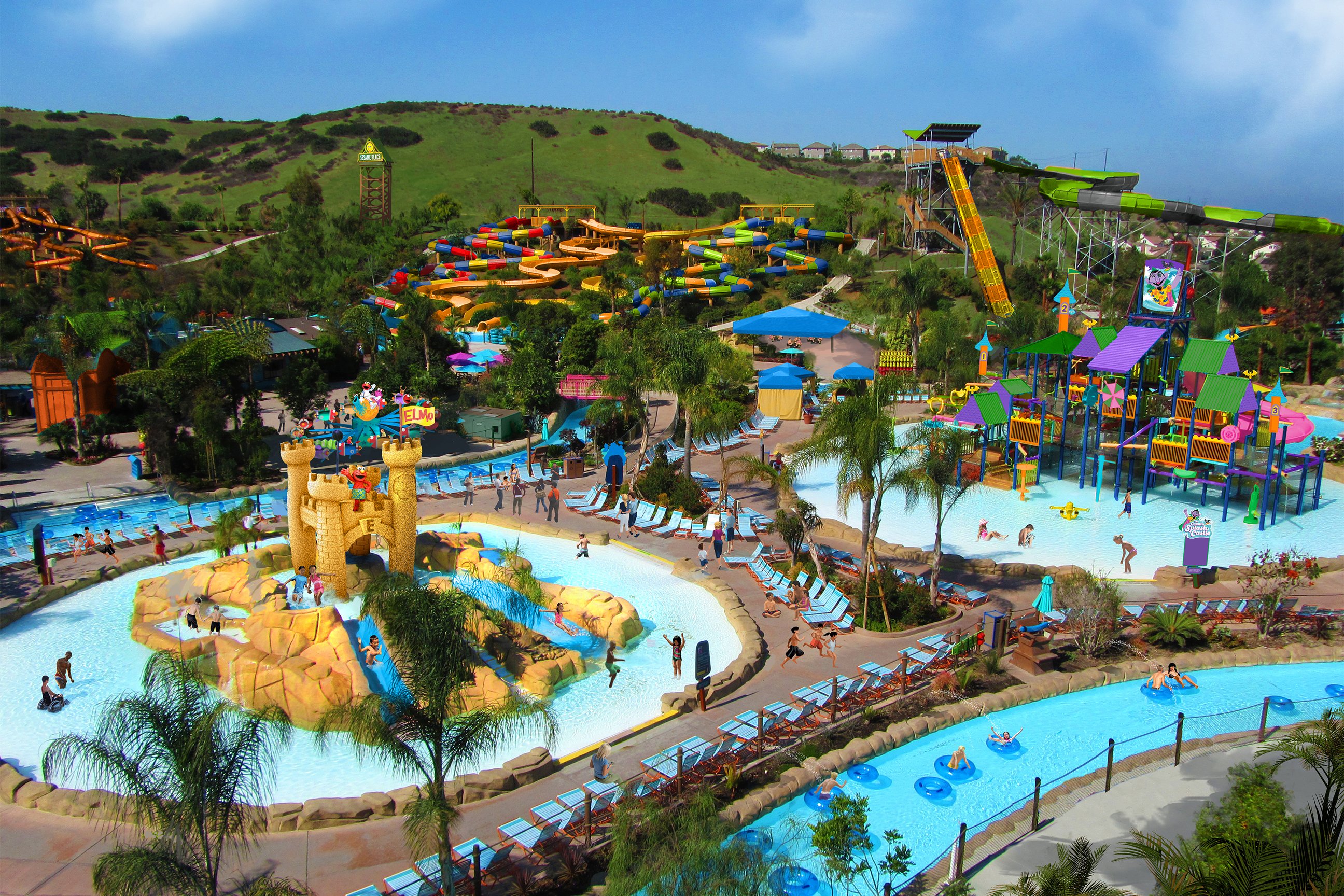 Aerial view of the water park areas of Sesame Place San Diego.