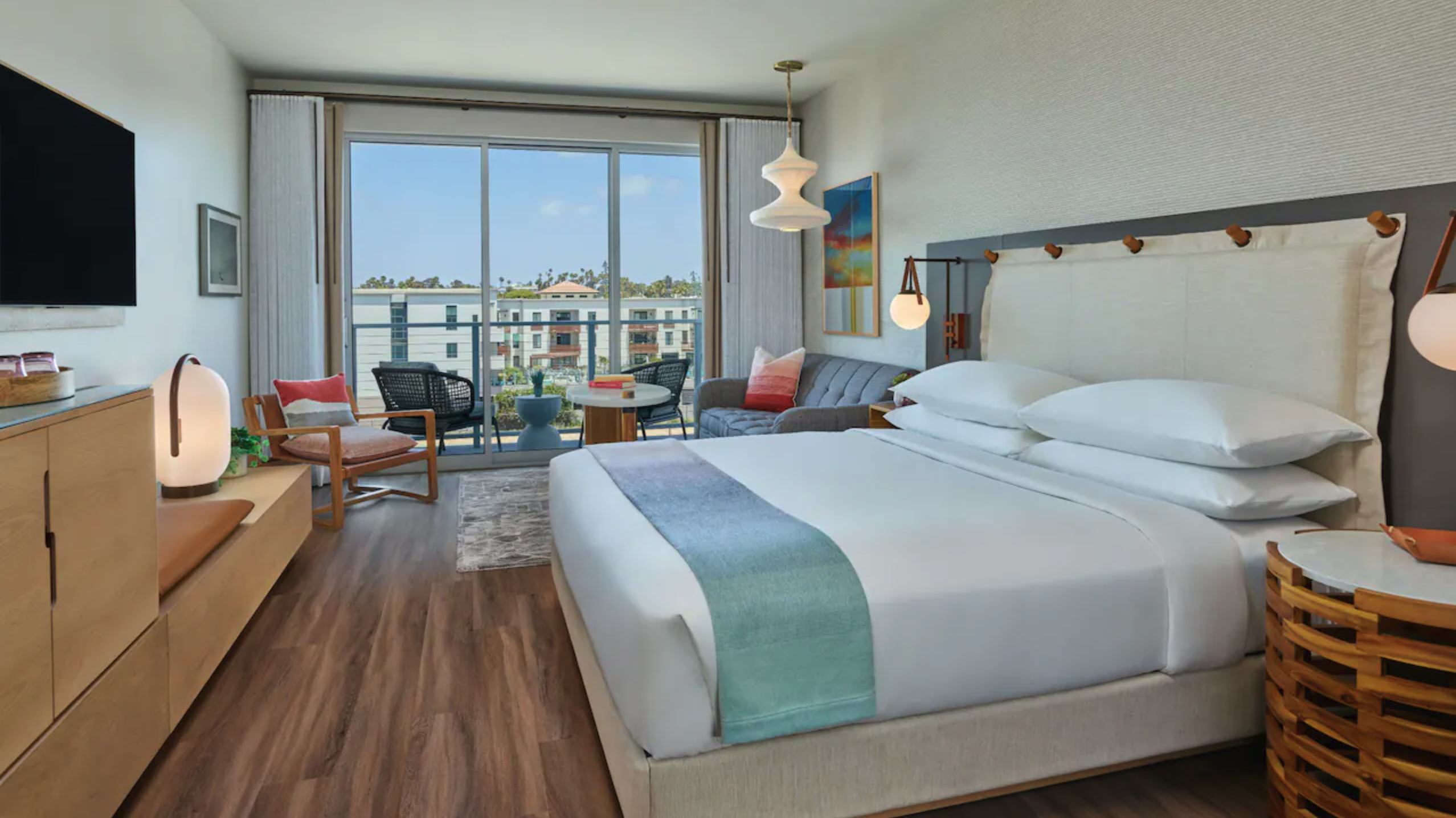 A king guest room at Mission Pacific hotel.