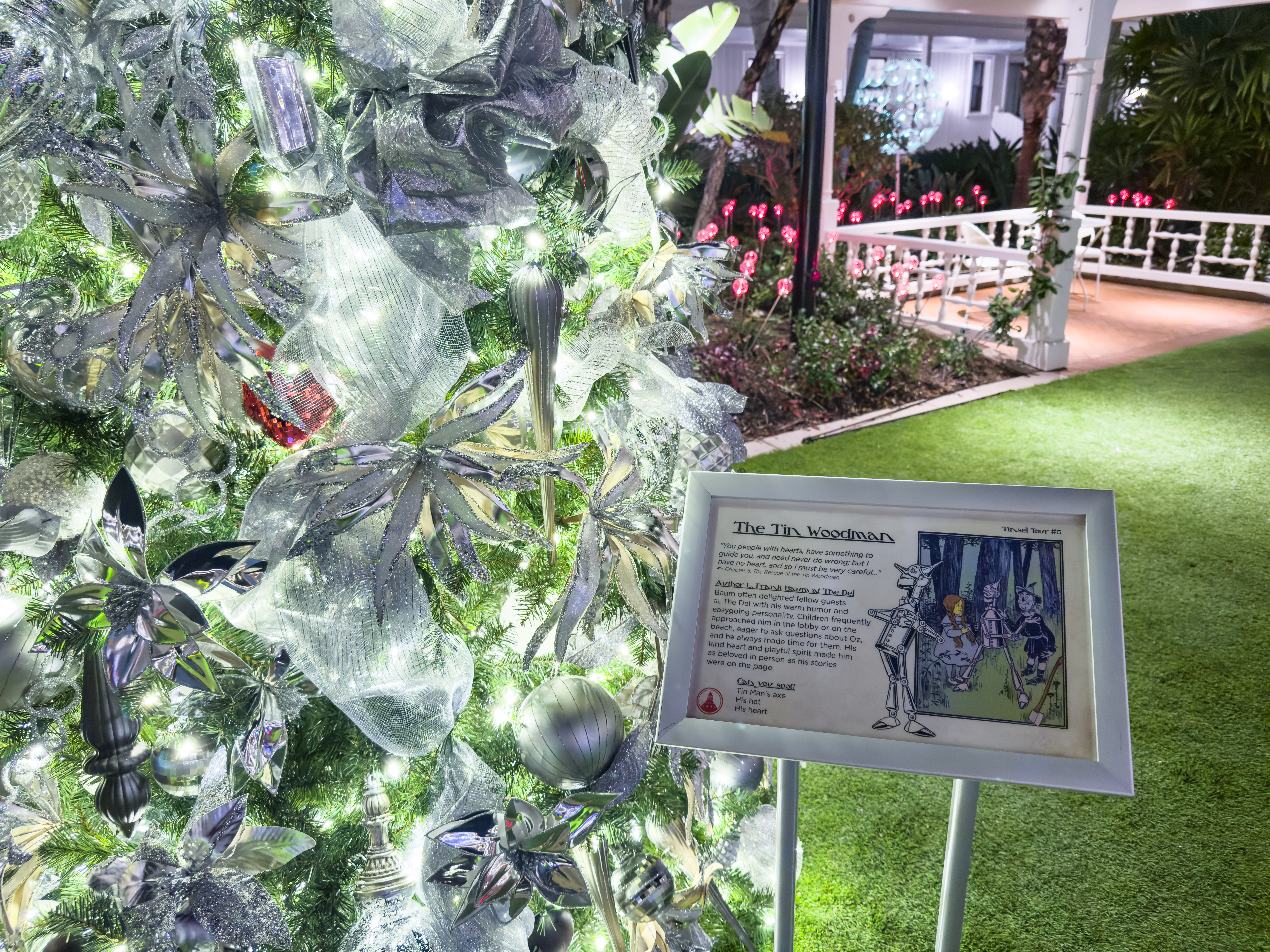 The Tin Woodman's tree decked out in silver ornaments and decor.