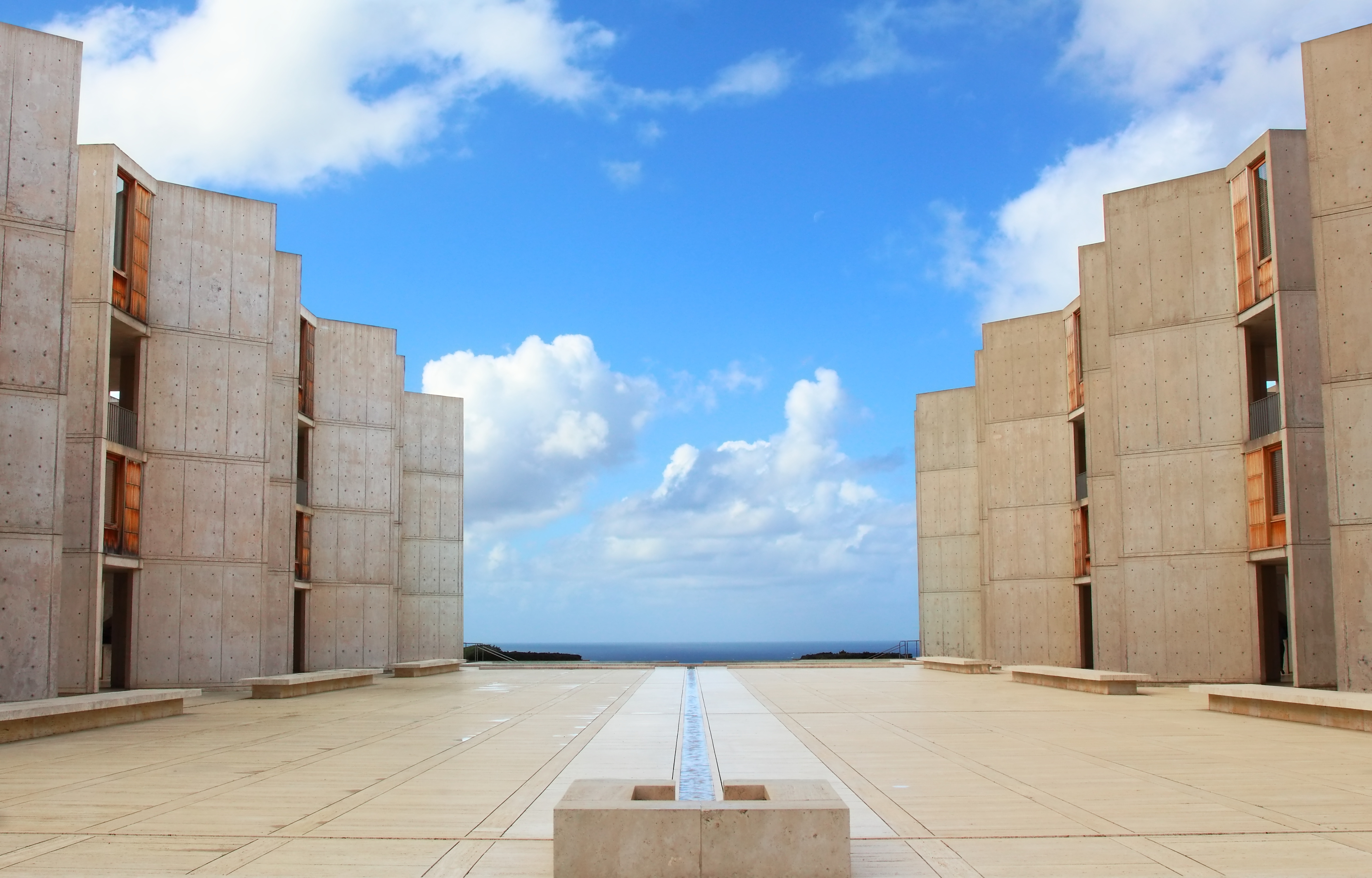 Salk Institute La Jolla courtyard looking through the buildings to the ocean.