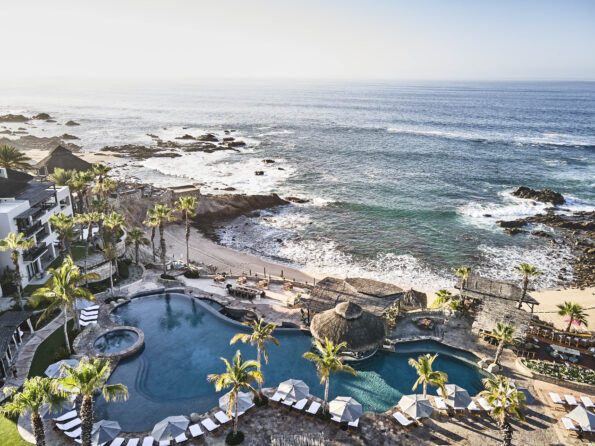Aerial view of the pool and rocky beach at Esperanza.