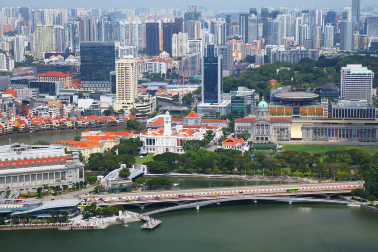 Aeriel view of the Civic District historic buildings in Singapore.