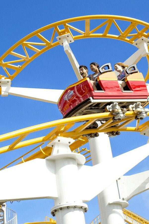 A roller coaster on the track at Knotts Berry Farm.