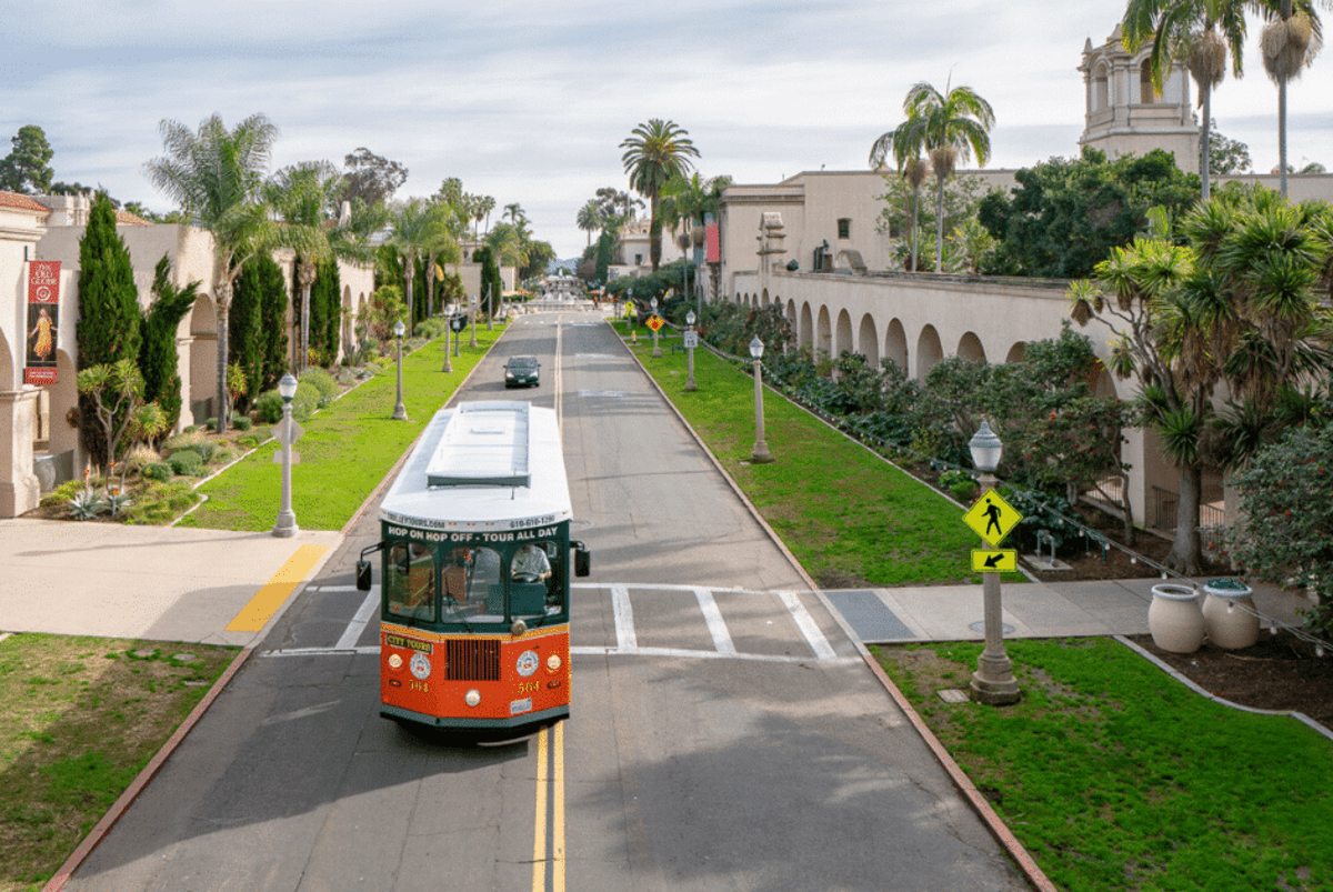 Old Town Trolley drives around Balboa Park.
