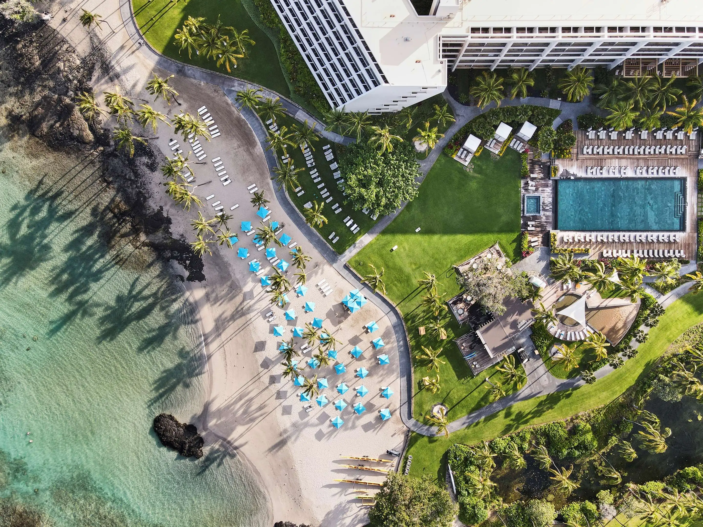 Aerial view of Mauna Lani beach area and pool.