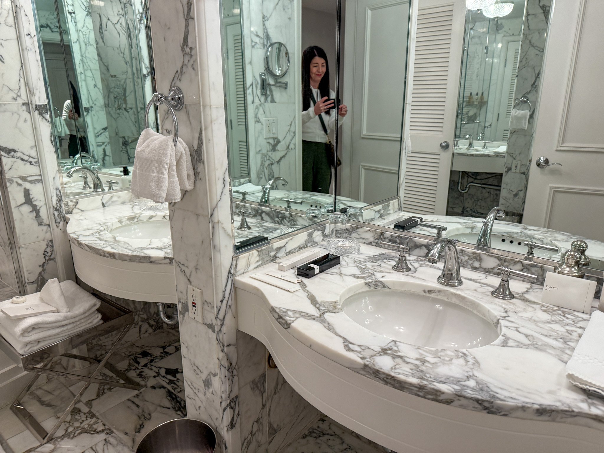 The white and grey marble bathroom in our room at The Ritz-Carlton Laguna Niguel.