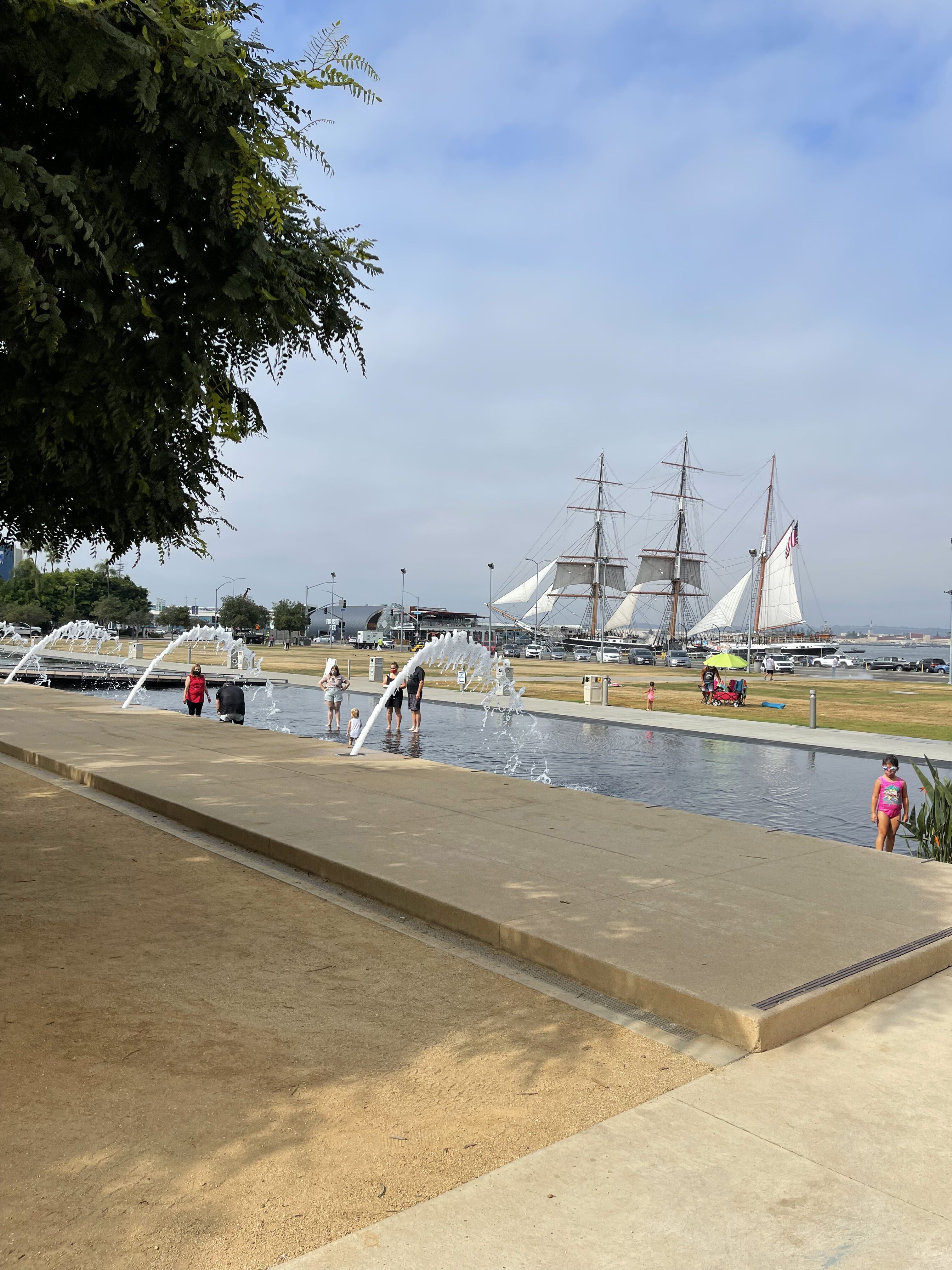 Kids play in a fountain at Waterfront Park in downtown San Diego.