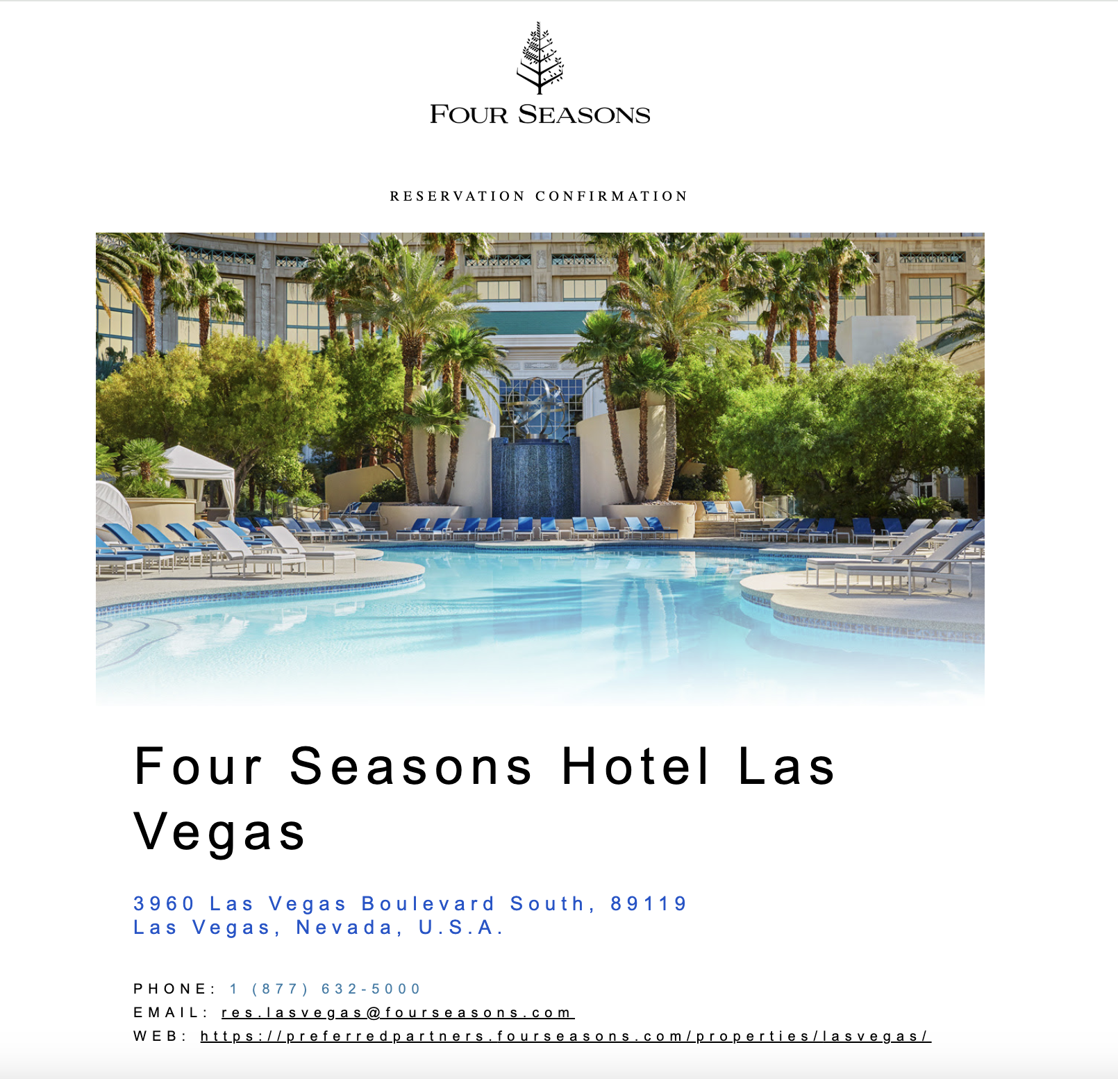 A screenshot of my reservation confirmation for Four Seasons Las Vegas.