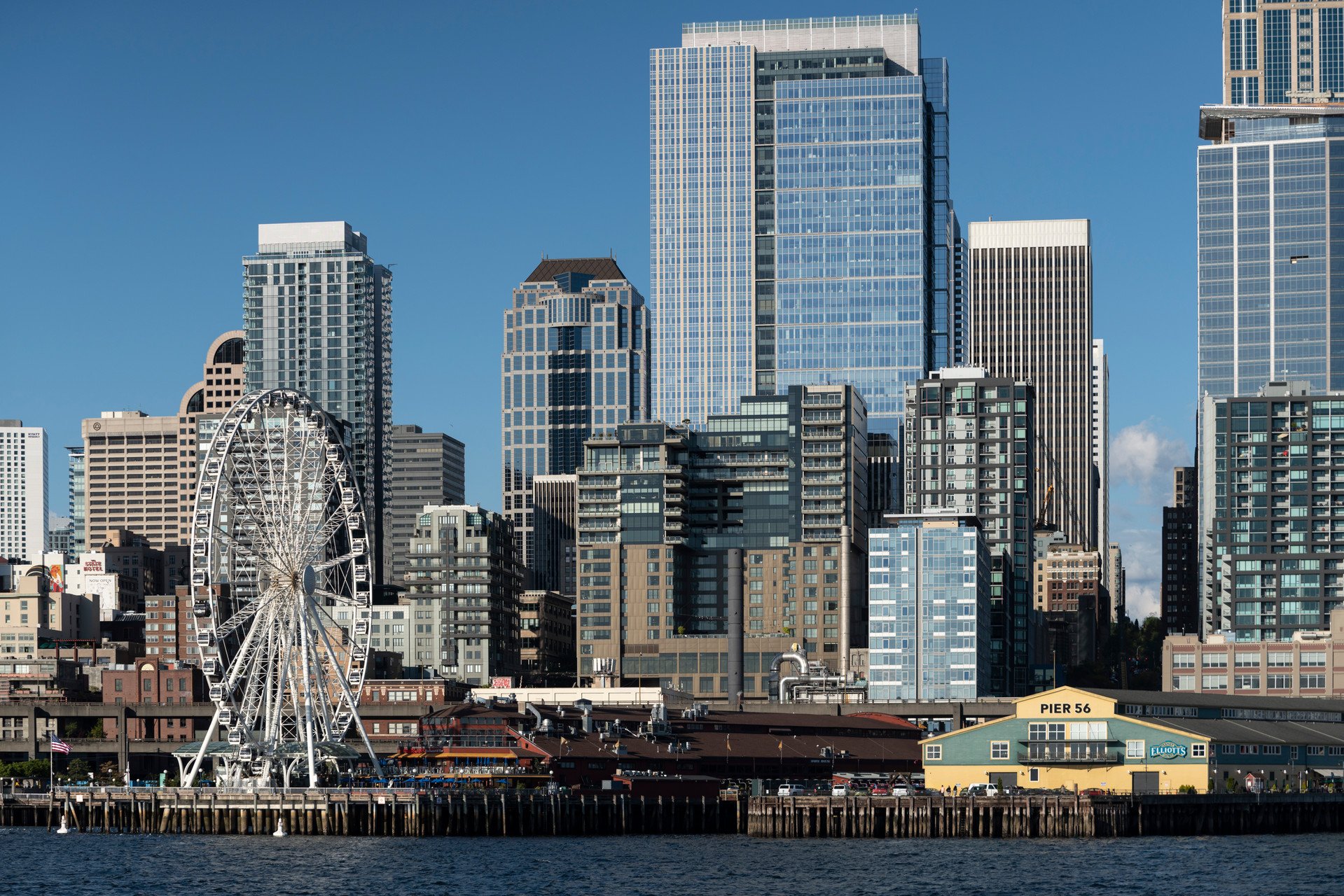 The Seattle water front skyline with the Seattle Great Wheel, Pier 56.