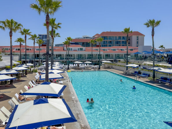 Families play in the pool on a sunny day at Hotel del Coronado.