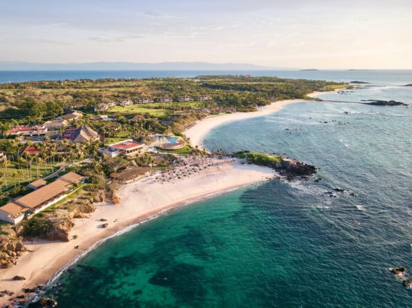 Aerial view of the resort and its two beaches.