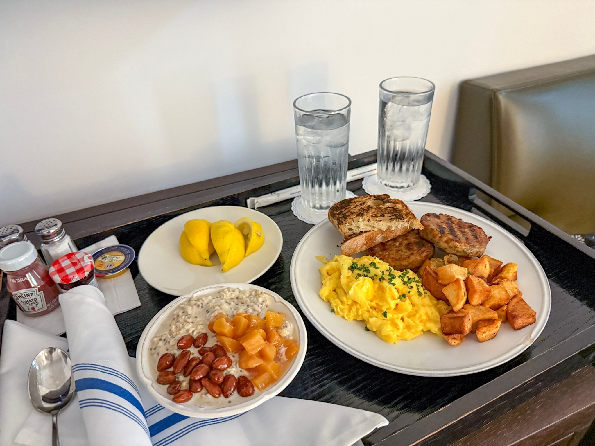 Our overnight oats and eggs for breakfast via in-room dining.